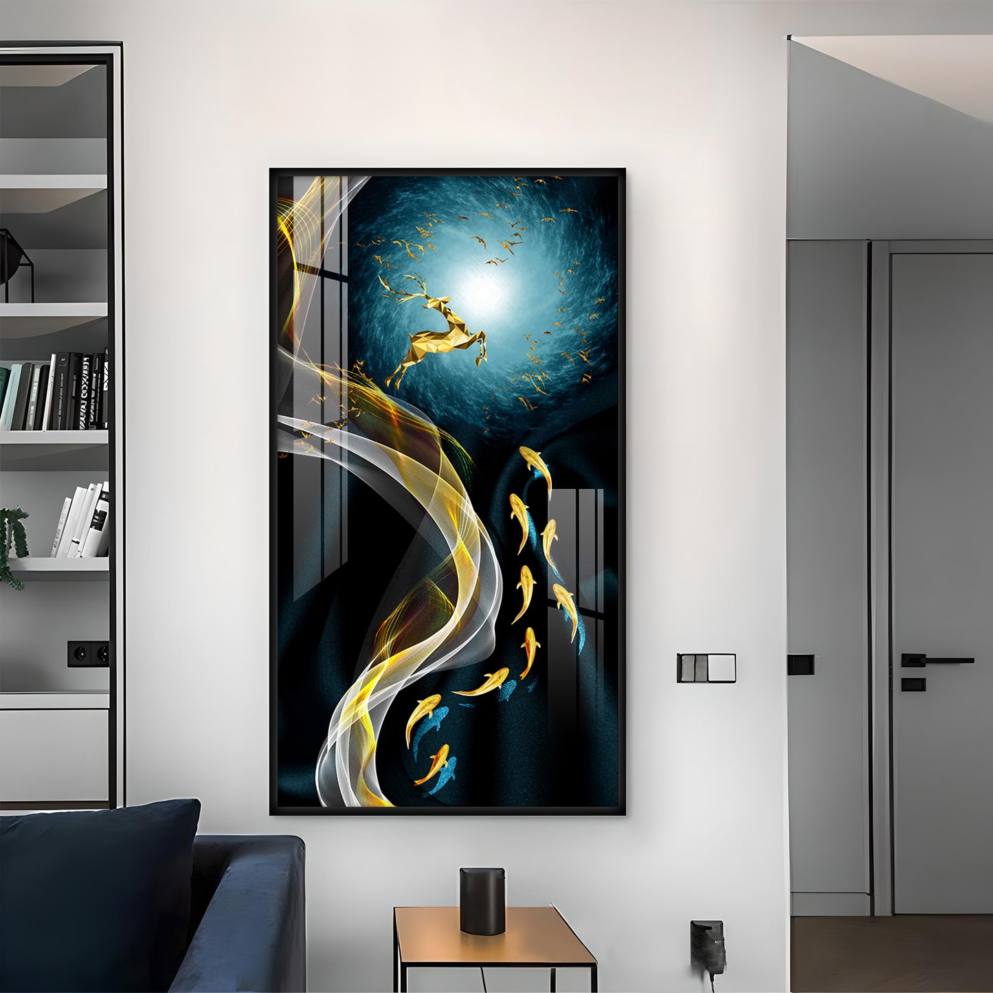 The Golden Swim Glass Finish Vertical Wall Art