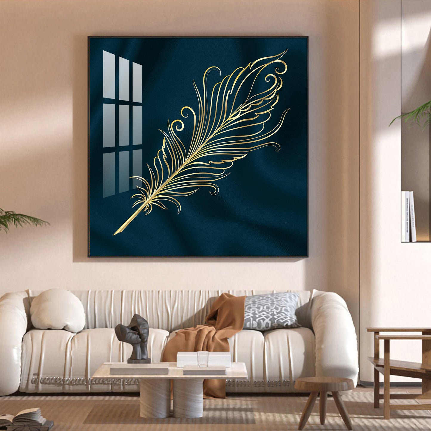 Feather on Azure Glass Finish Square Wall Art