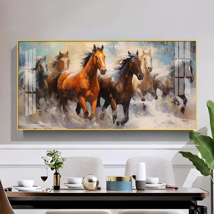 Jungle Running Horses Vastu Glass Finish Horizontal Wall Art