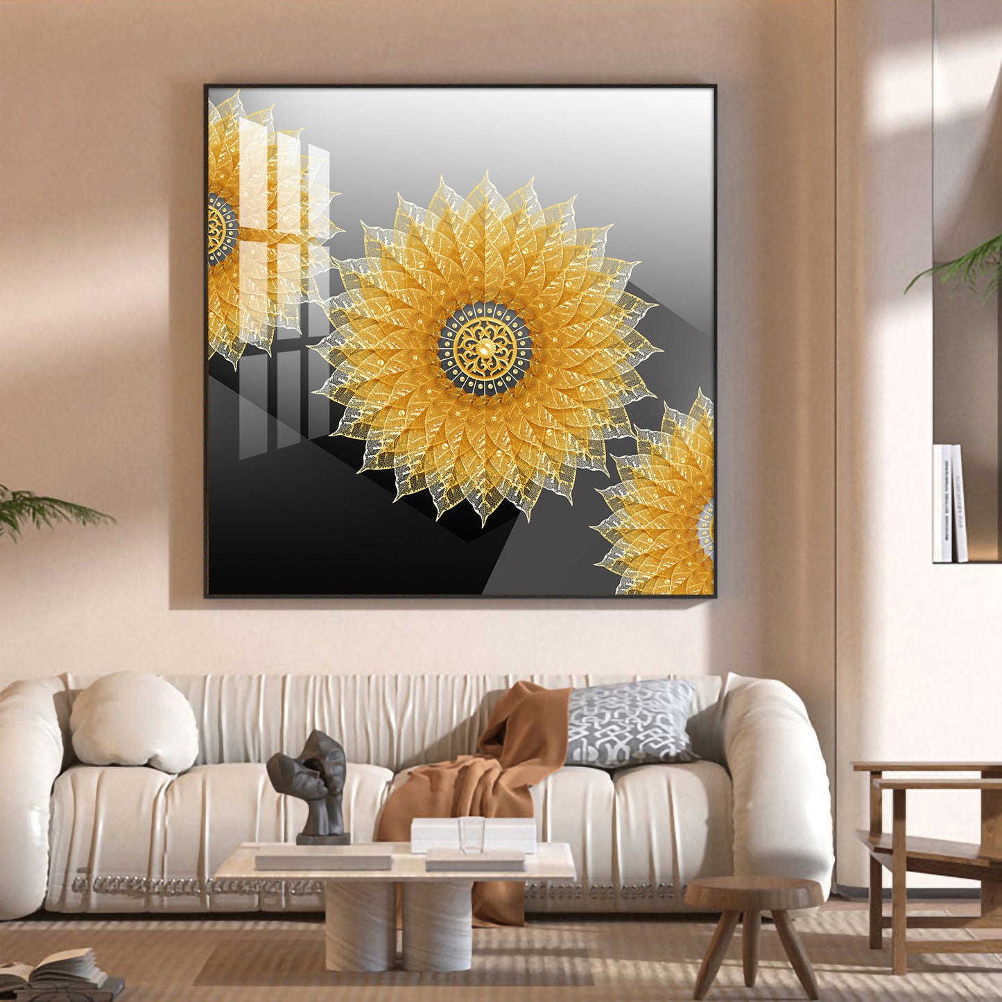 Golden Bloom Glass Finish Square Wall Art