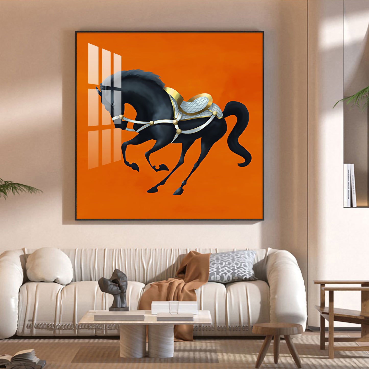 Jumping Horse In Orange Horizon Glass Finish Square Wall Art