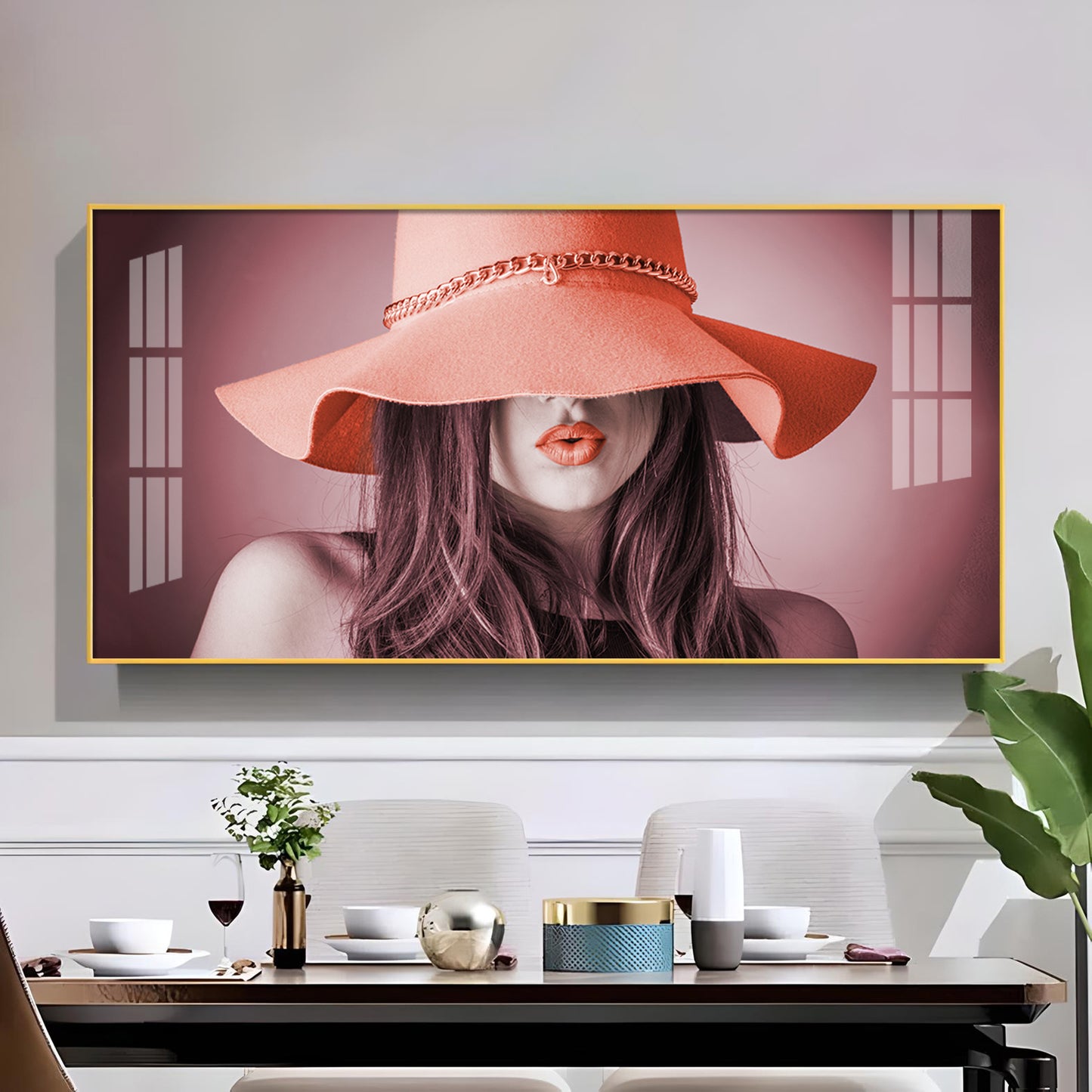 Modern Lady With Hat Glass Finish Horizontal Wall Art