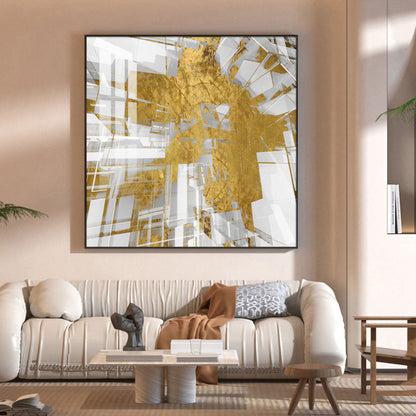 Symphony in Gold and White Glass Finish Square Wall Art