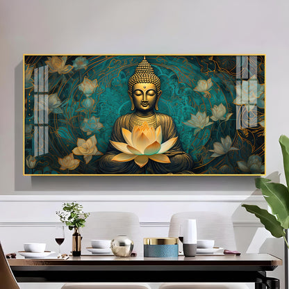 Golden Buddha With Lotus Glass Finish Horizontal Wall Art