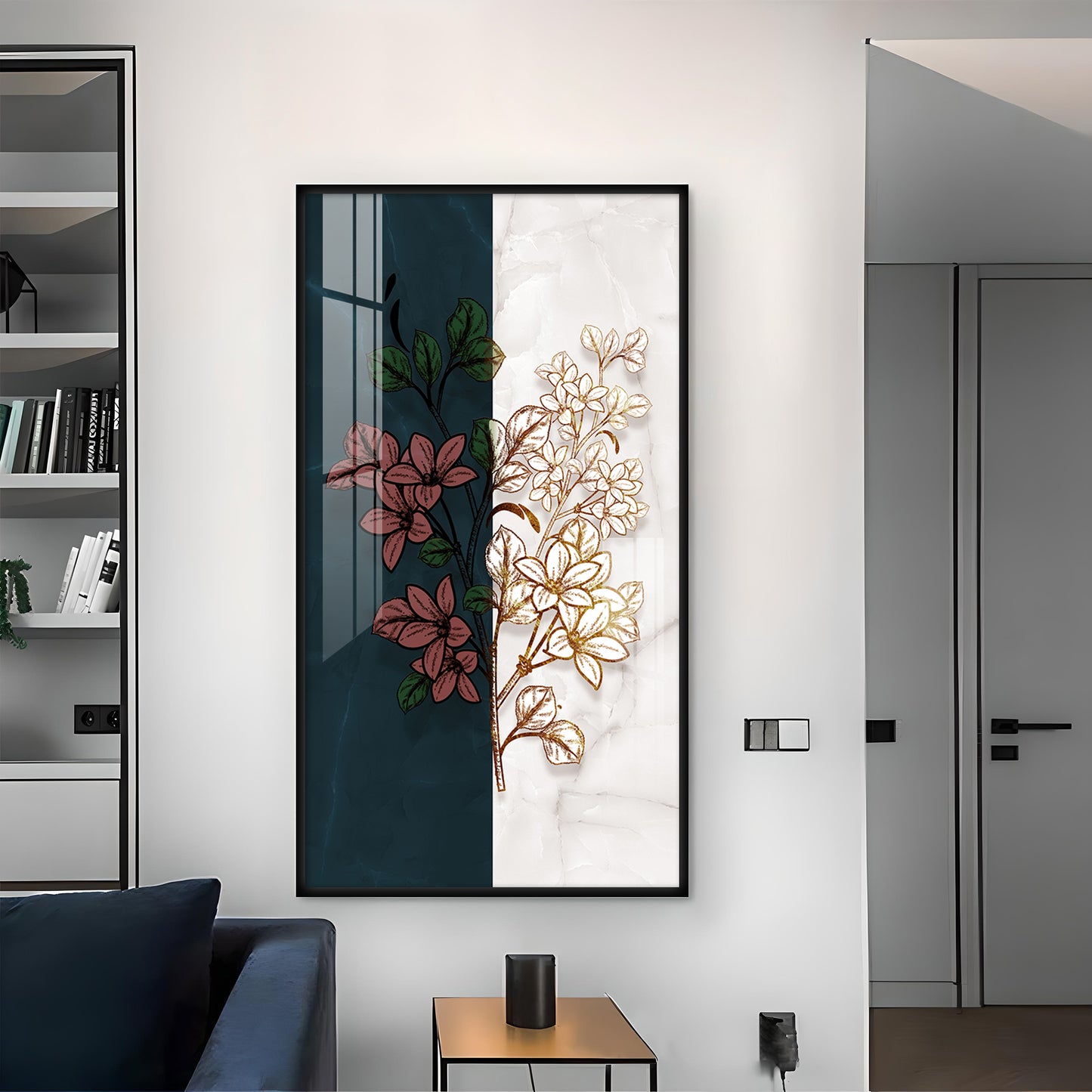 Dual Floral Marble Glass Finish Vertical Wall Art