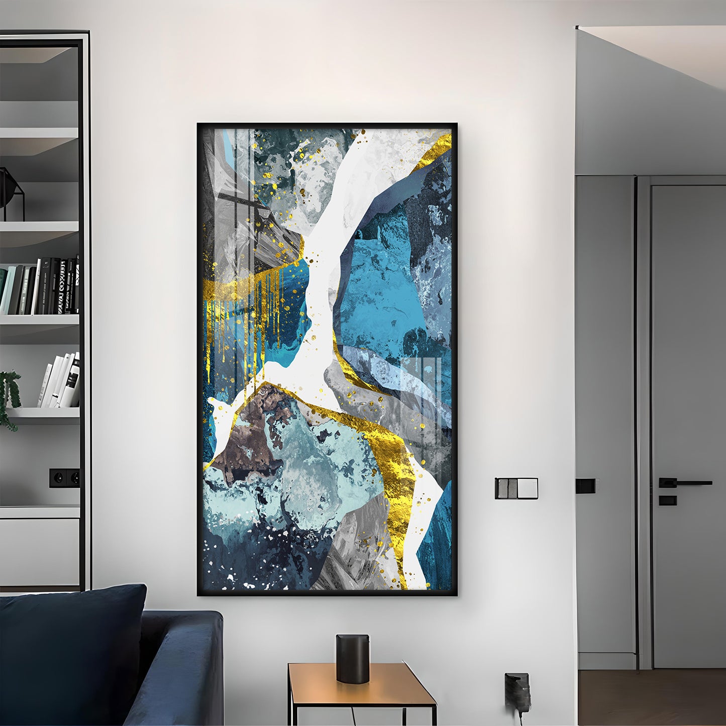 Gold and Blue Abstraction Glass Finish Vertical Wall Art