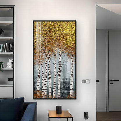 Autumnal Birch Reverie Glass Finish Vertical Wall Art