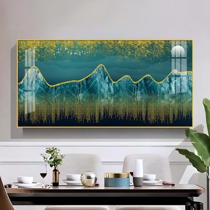 Dark Turquoise Mountains Glass Finish Horizontal Wall Art