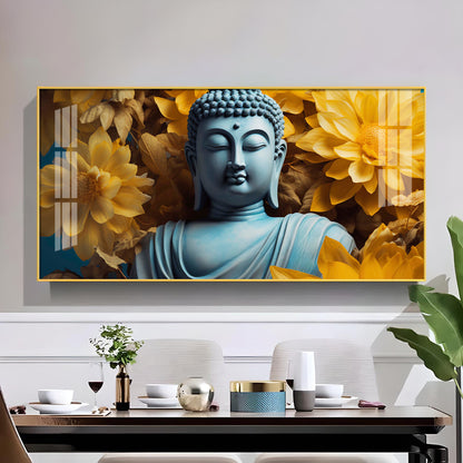 Majestic Buddha With Flower Glass Finish Horizontal Wall Art