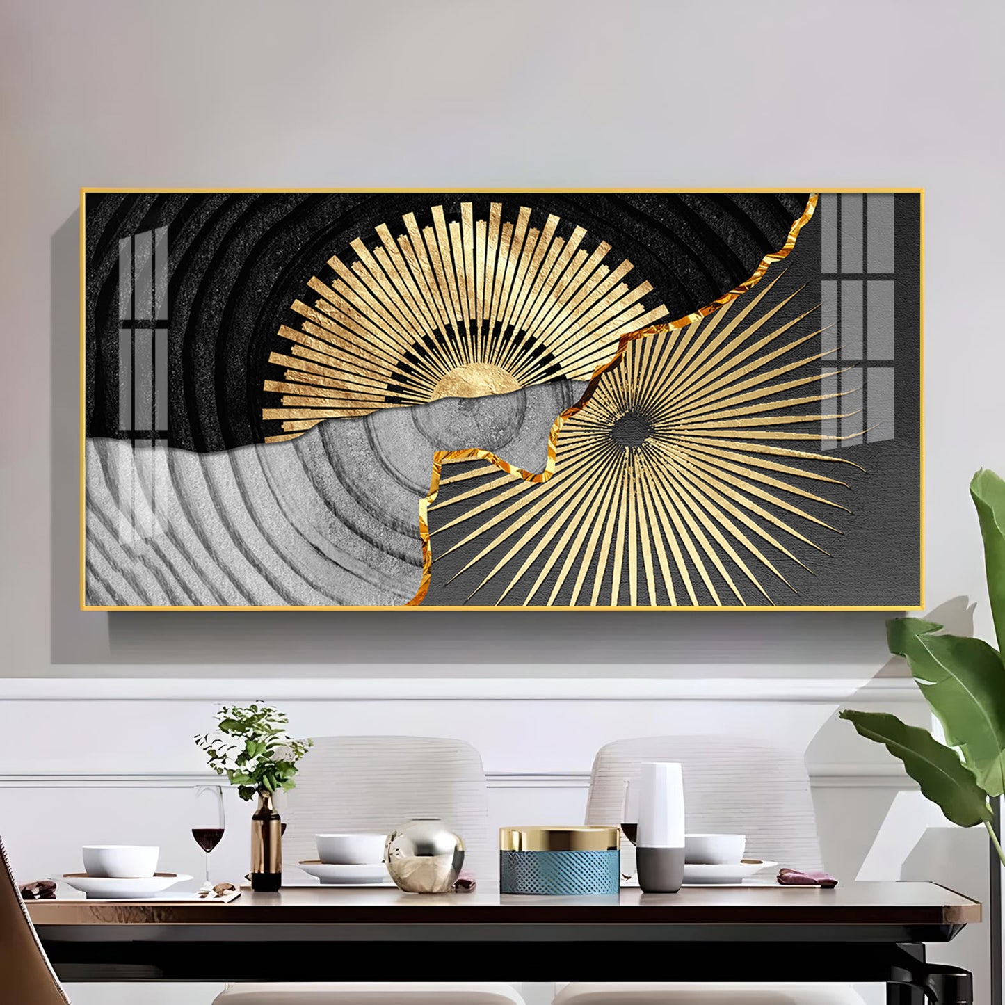 Golden Texture Fusion Glass Finish Horizontal Wall Art