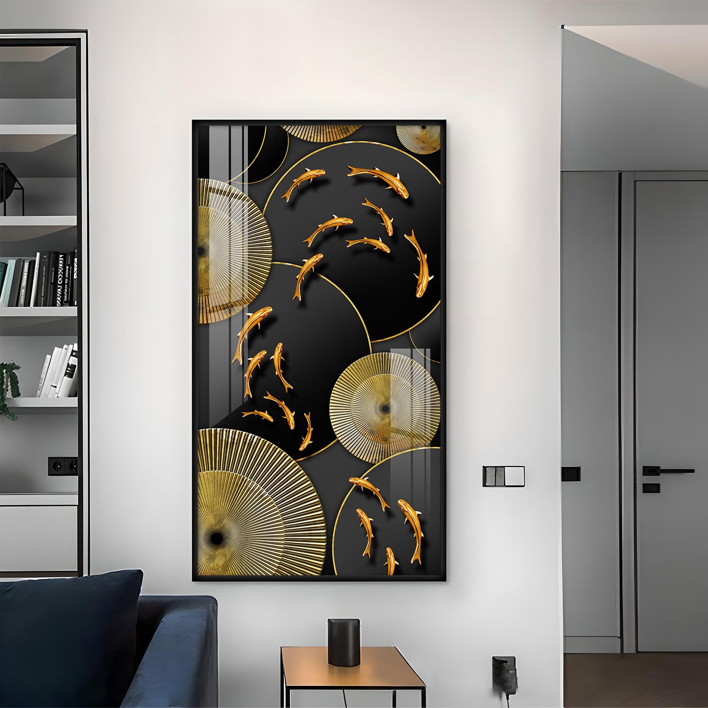 Goldfish Elegance Glass Finish Vertical Wall Art