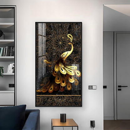 Golden Veil Peacock Glass Finish Vertical Wall Art