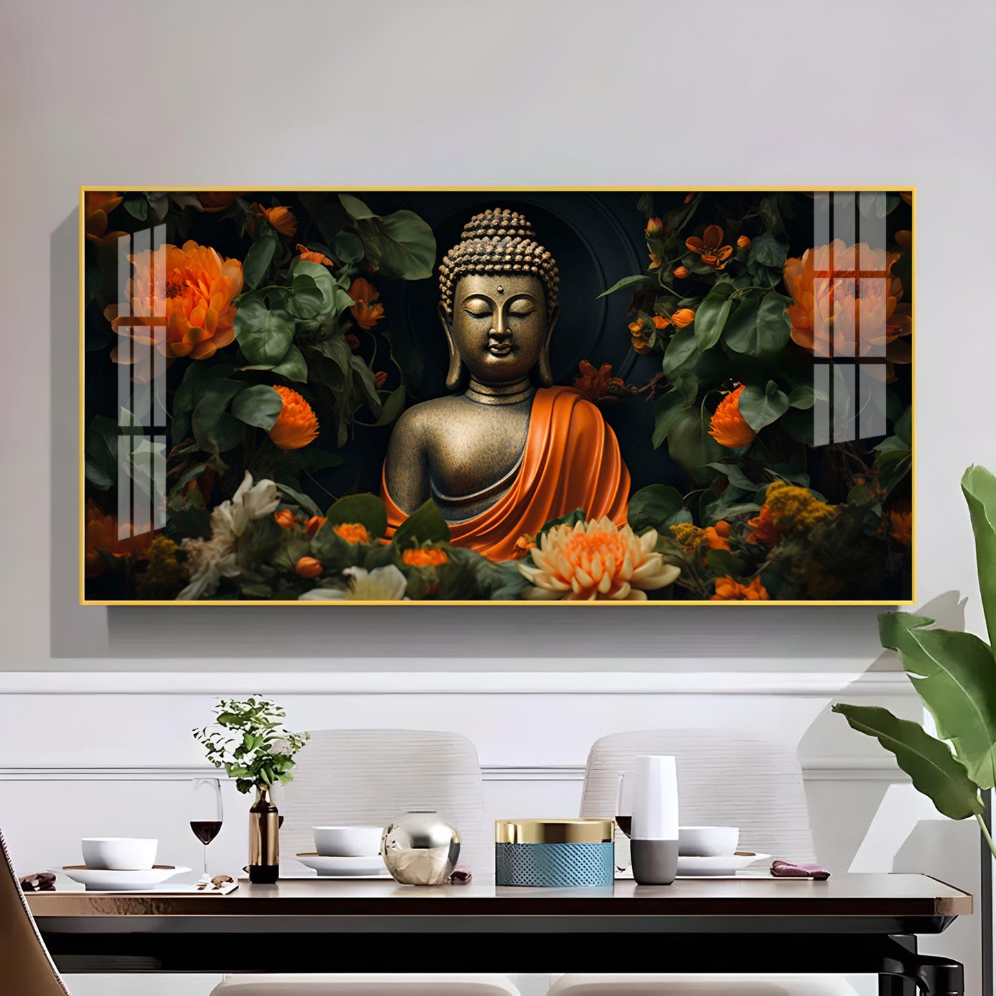 Luminous Buddha With Flower Glass Finish Horizontal Wall Art