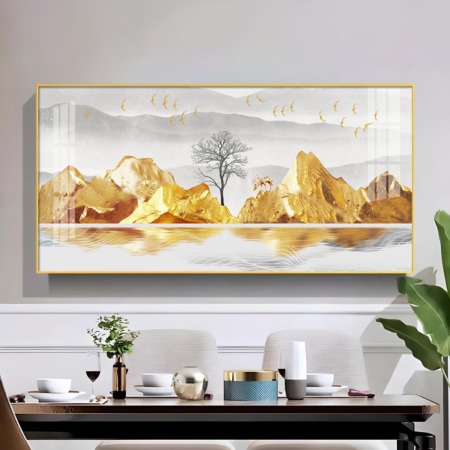 Golden Mountains And Birds Glass Finish Horizontal Wall Art