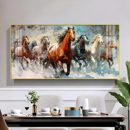 Running Horses Vastu Glass Finish Horizontal Wall Art