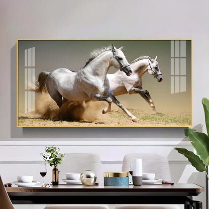 Satin Matt Running Horses Glass Finish Horizontal Wall Art