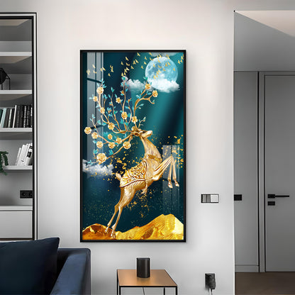 Golden Antlers and Blossoms Glass Finish Vertical Wall Art