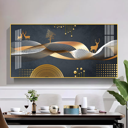 Night Landscape With Golden Deer Glass Finish Horizontal Wall Art