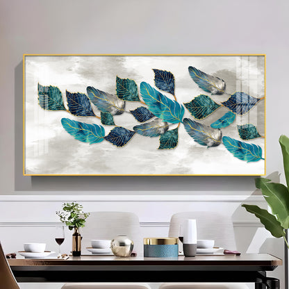 Turquoise Greay Leaves Glass Finish Horizontal Wall Art