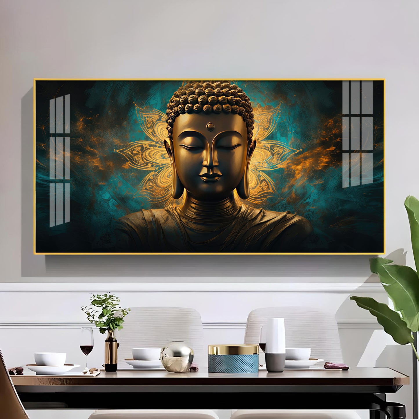 Lord Buddha Golden Glass Finish Horizontal Wall Art