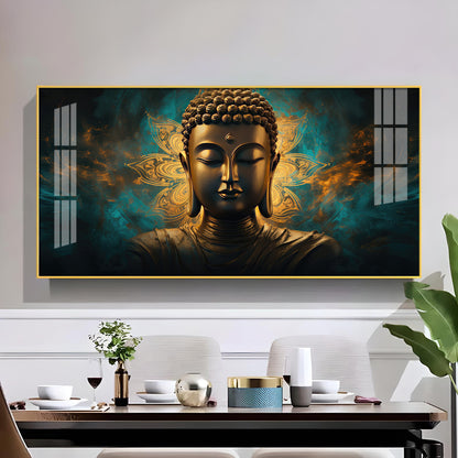 Lord Buddha Golden Glass Finish Horizontal Wall Art