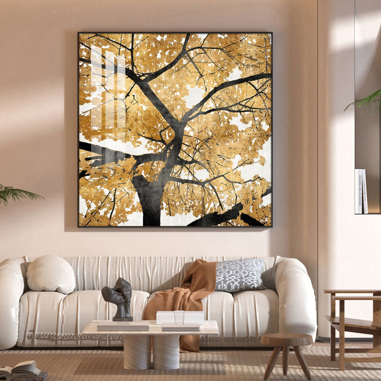 Radiant Tree of Gold Glass Finish Square Wall Art