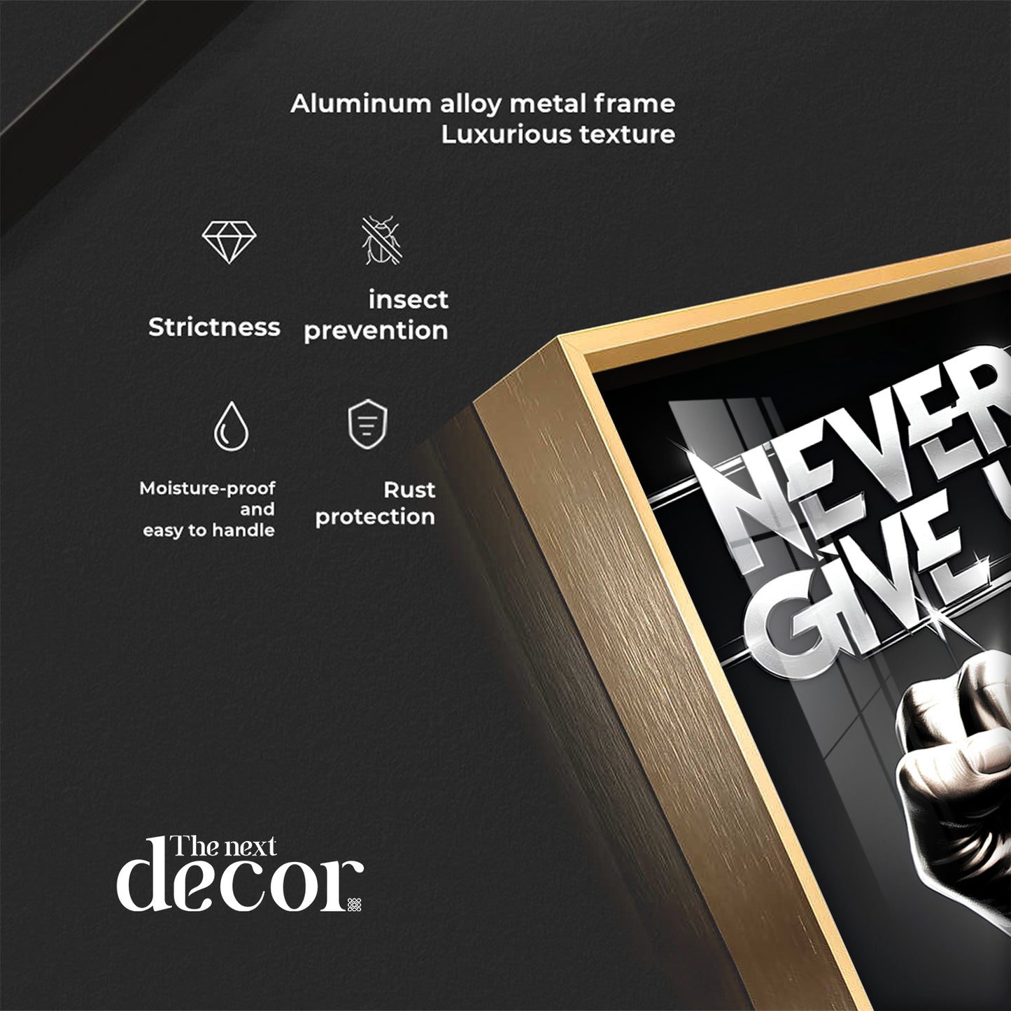 Never Give Up Motivational Quote Glass Finish Vertical Wall Art