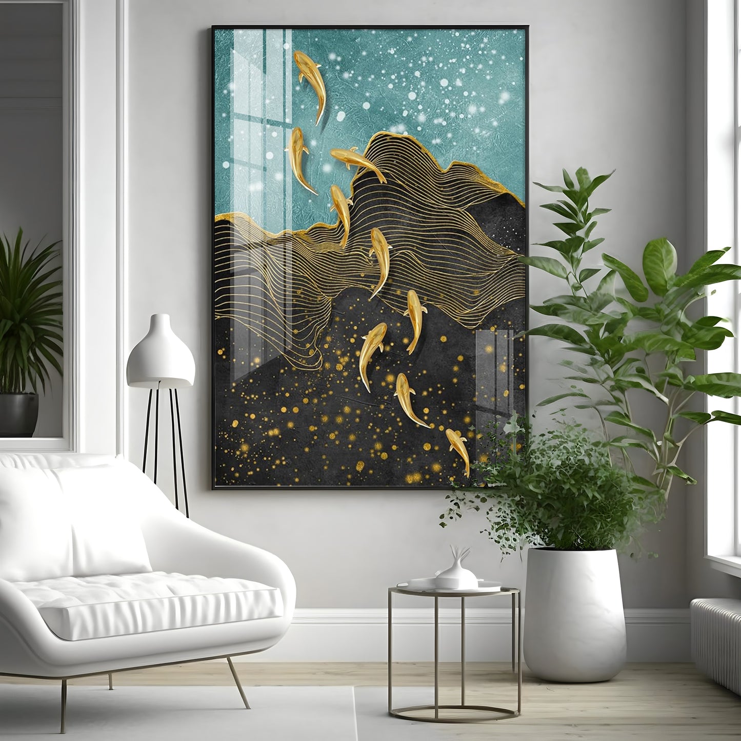 Black Gold Aquatic Fish Glass Finish Vertical Wall Art