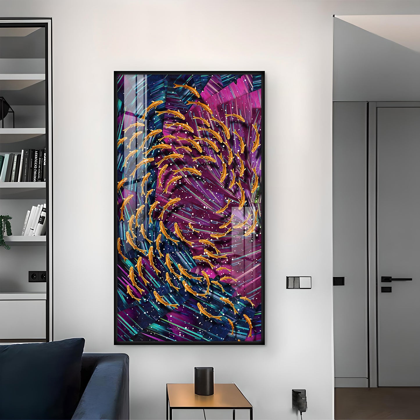 Chromatic Fish Dance Glass Finish Vertical Wall Art