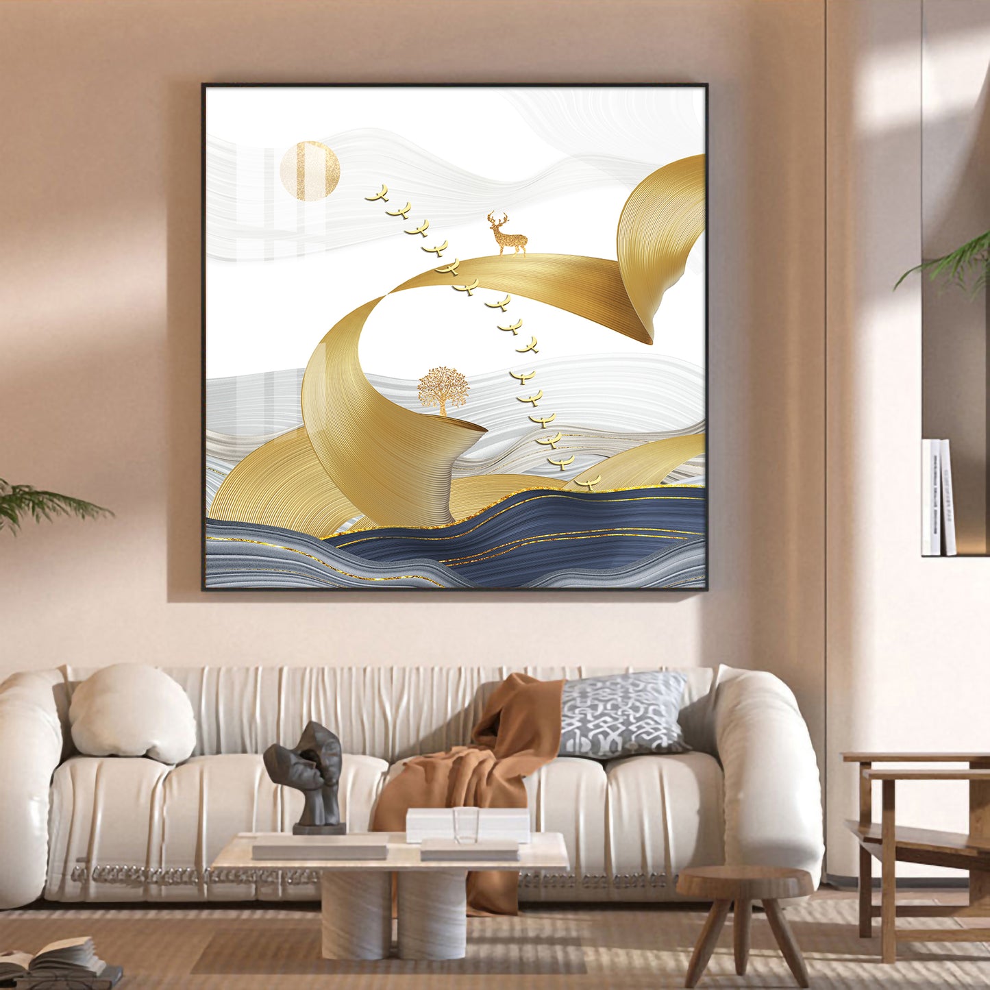 Golden Bird Above the Peaks Glass Finish Square Wall Art