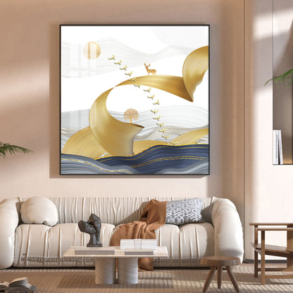 Golden Bird Above the Peaks Glass Finish Square Wall Art