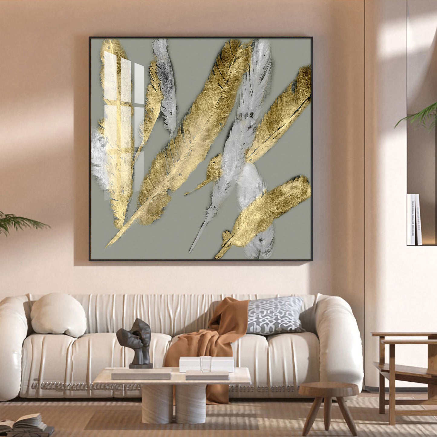 Feathered Elegance Glass Finish Square Wall Art