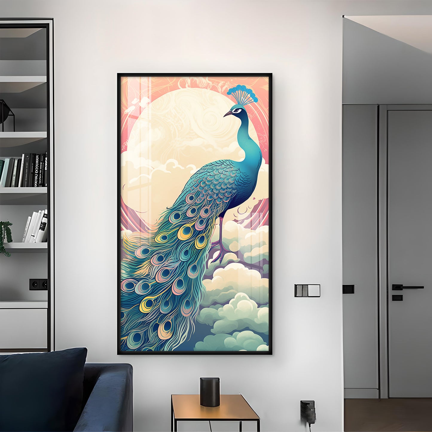 Heavenly Peacock Vista Glass Finish Vertical Wall Art