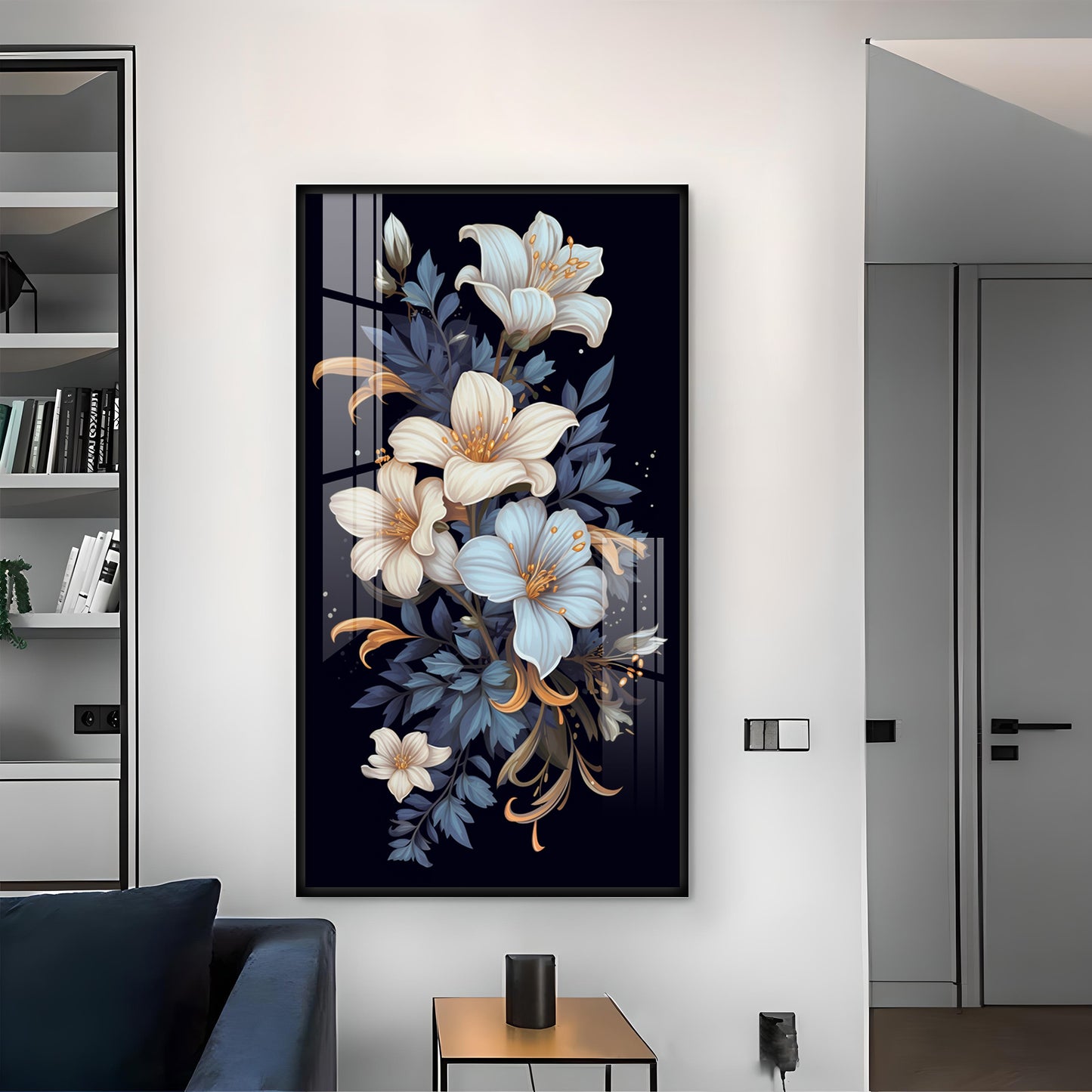 Obsidian Floral Glass Finish Vertical Wall Art