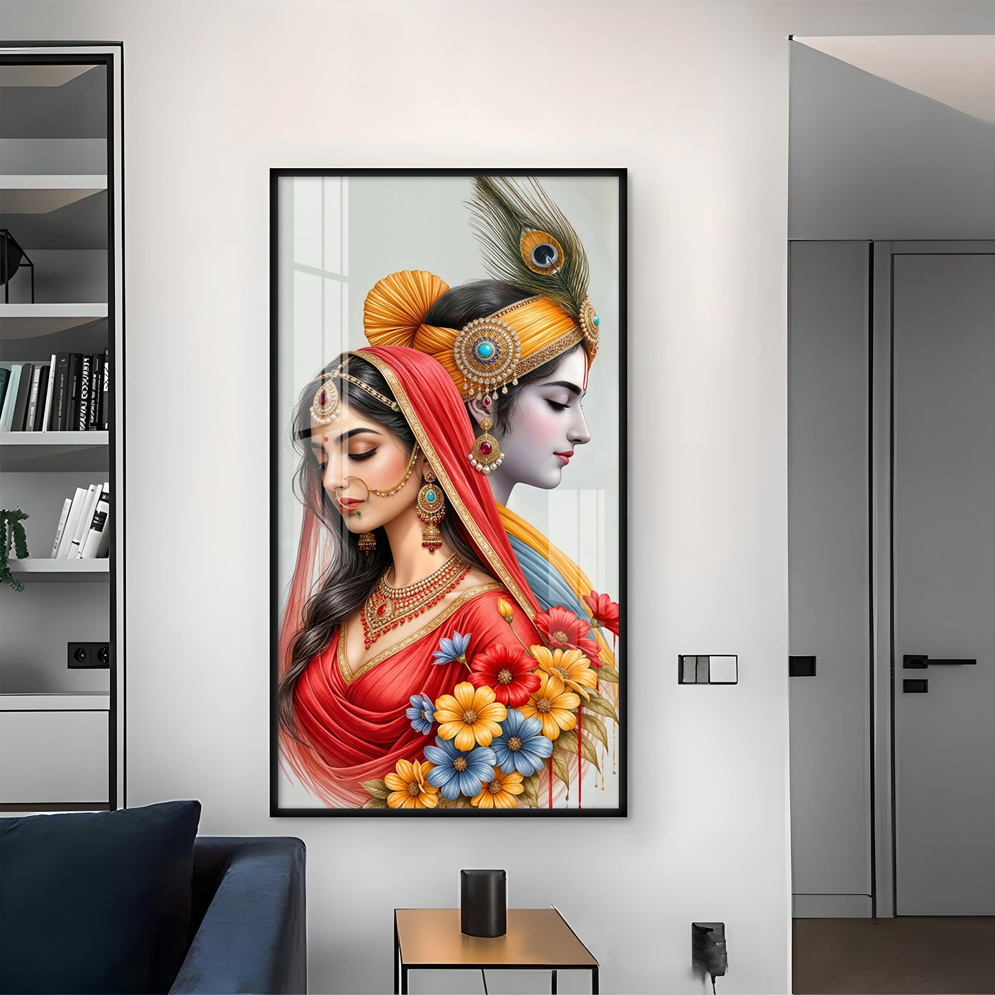 Loving Radha Krishna Glass Finish Vertical Wall Art