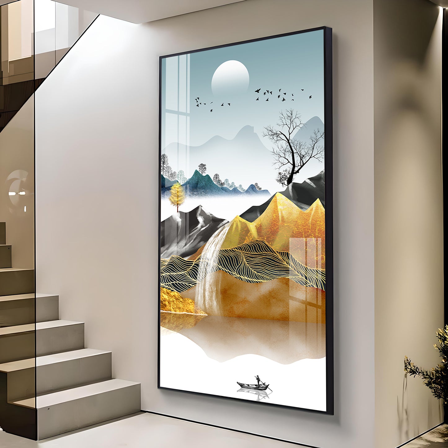 Oat and Birds Artwork Glass Finish Vertical Wall Art