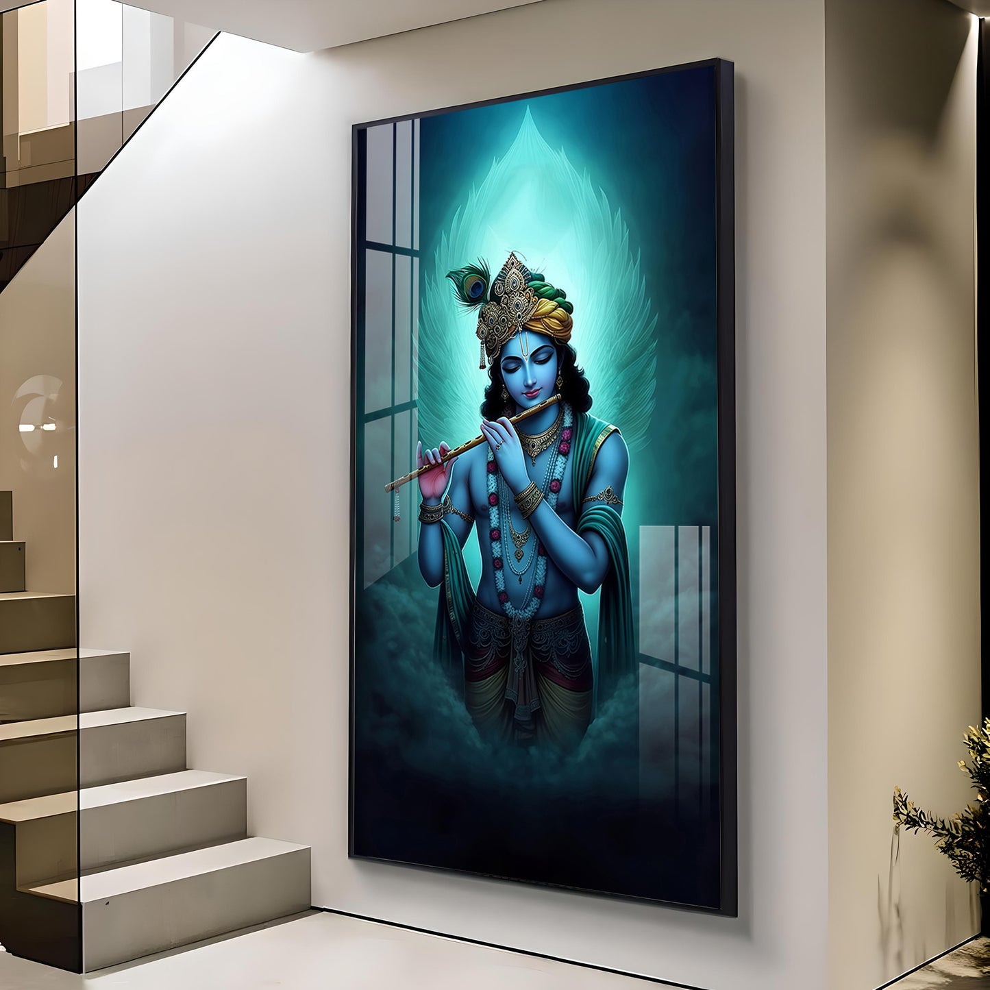 Spiritual Krishna In Vibrant Color Glass Finish Vertical Wall Art