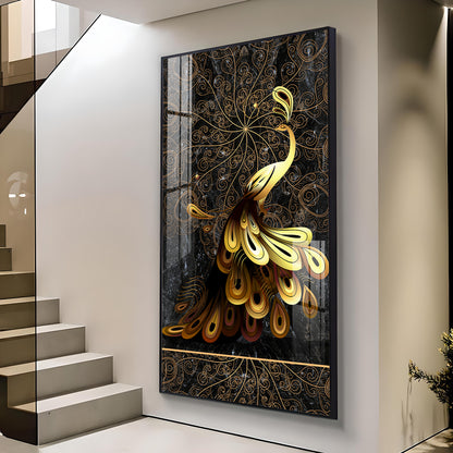 Golden Veil Peacock Glass Finish Vertical Wall Art