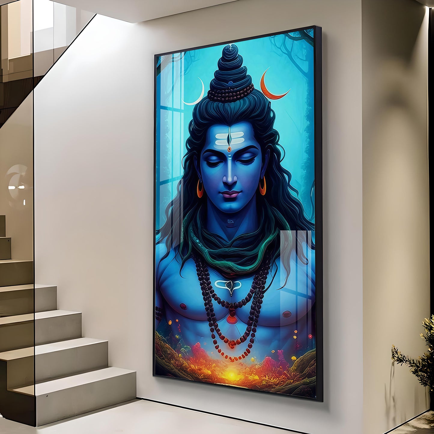 Lord Mahadev Glass Finish Vertical Wall Art