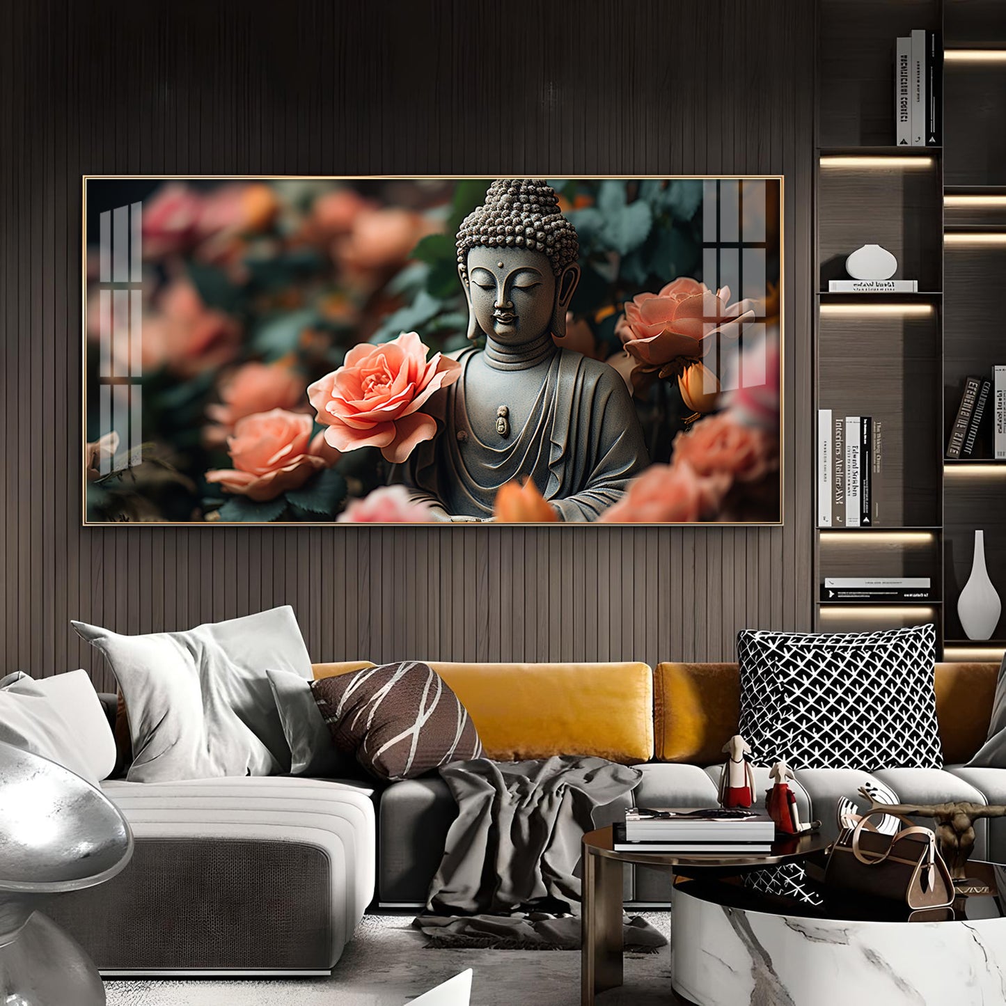 Calm Buddha With Flower Glass Finish Horizontal Wall Art