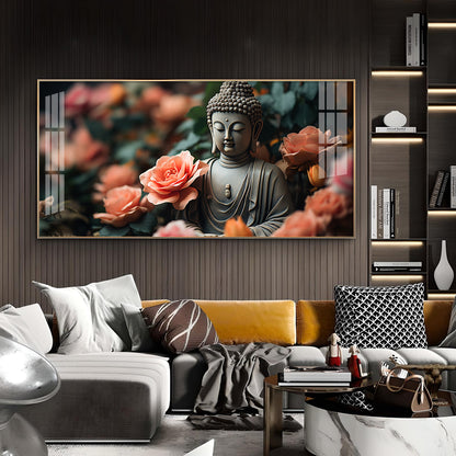 Calm Buddha With Flower Glass Finish Horizontal Wall Art