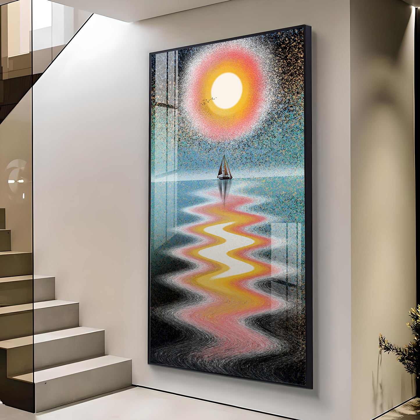 Sunlit Voyage Glass Finish Vertical Wall Art