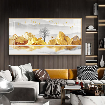 Golden Mountains And Birds Glass Finish Horizontal Wall Art