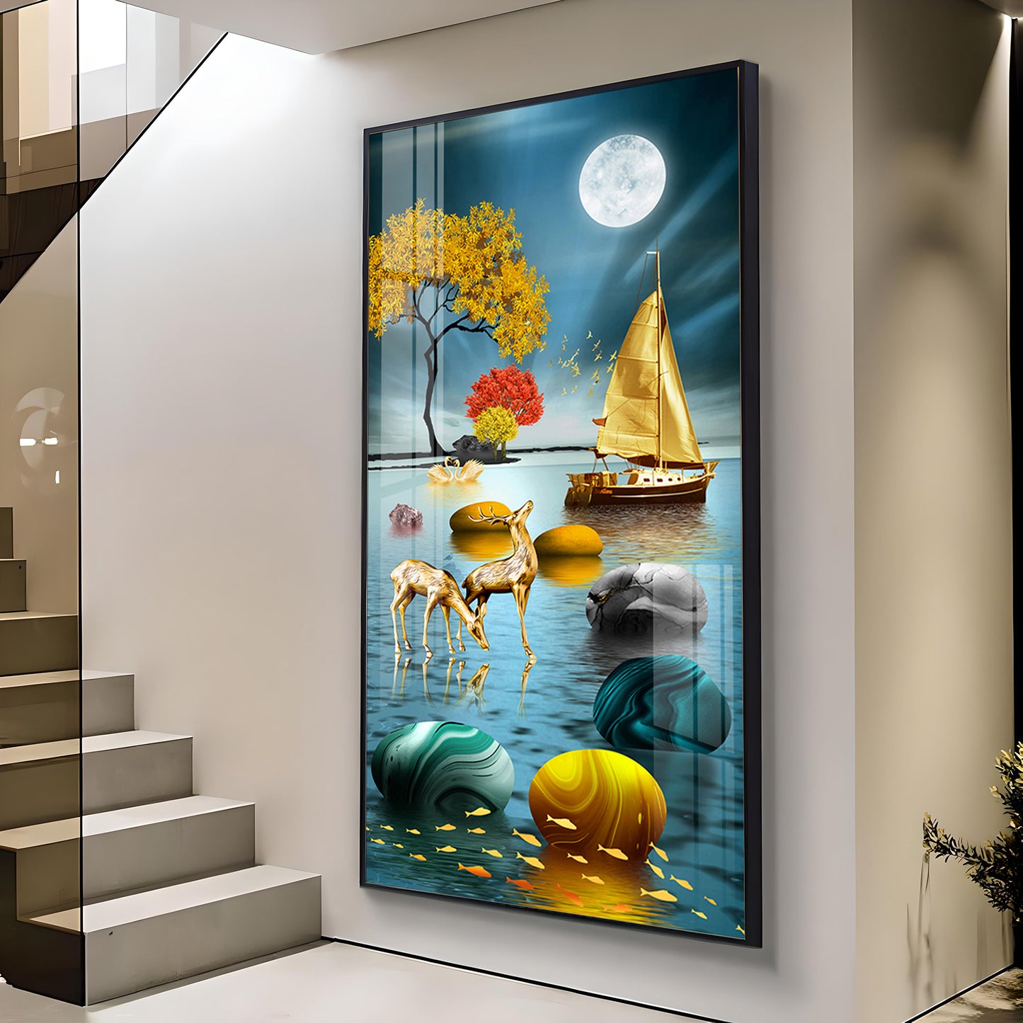 Boat and Deer Glass Finish Vertical Wall Art
