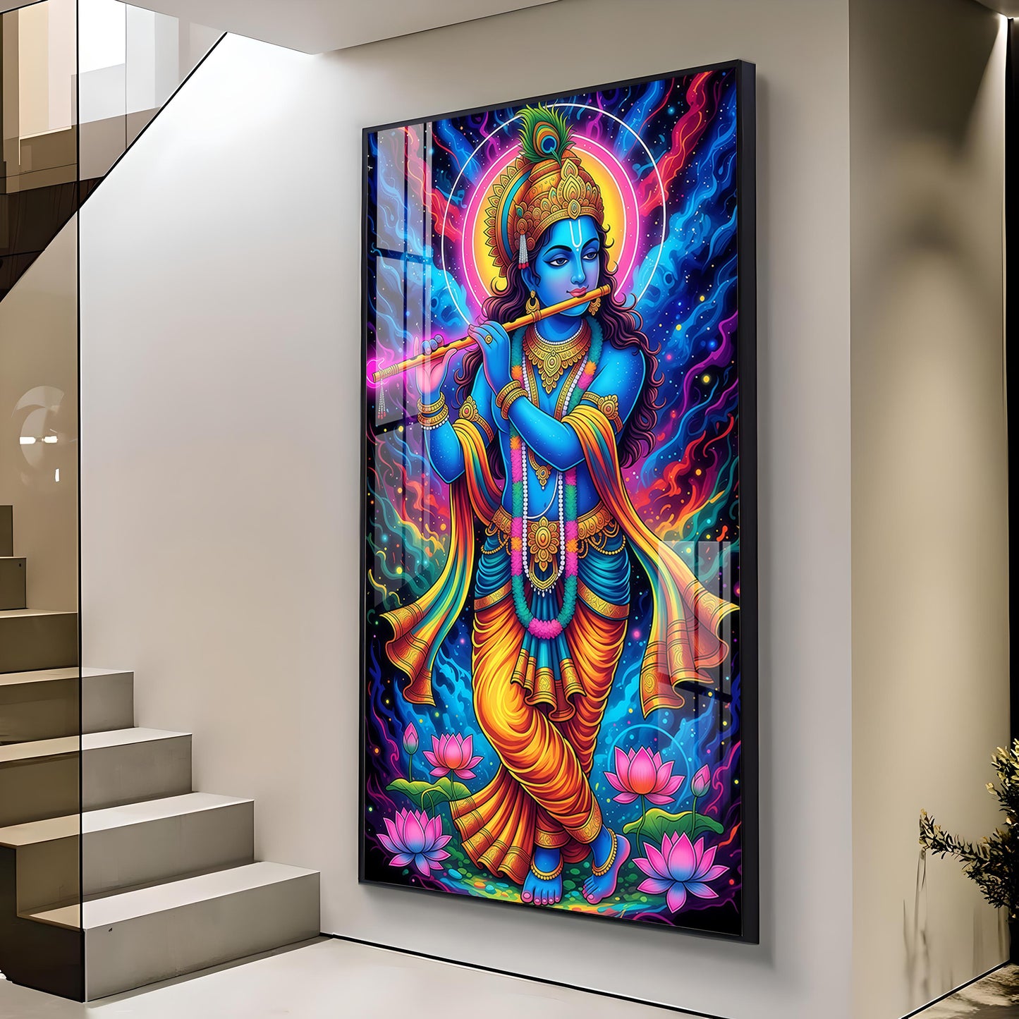 Jai Shree Krishna Glass Finish Vertical Wall Art