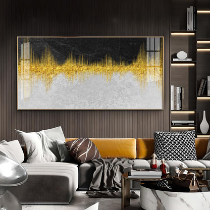 Abstract Marble Golden Black Glass Finish Horizontal Wall Art