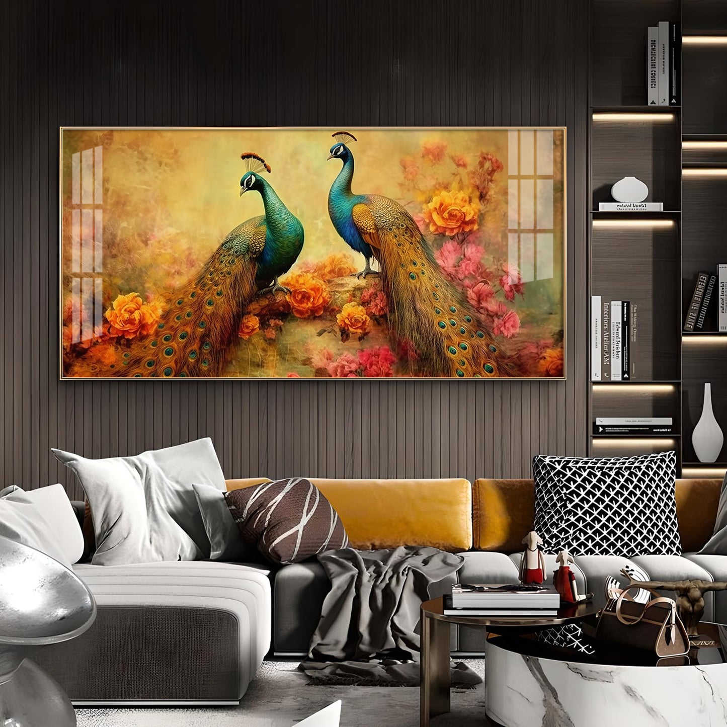 Two Peacock With Flower Background Glass Finish Horizontal Wall Art