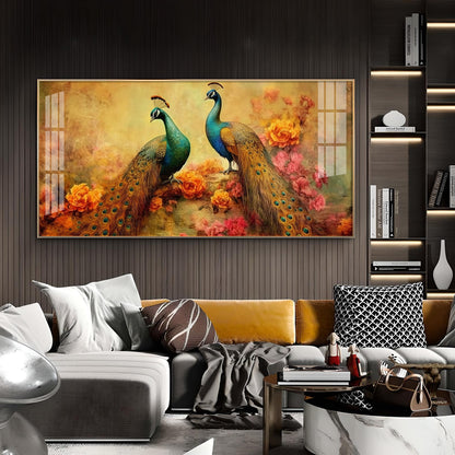 Two Peacock With Flower Background Glass Finish Horizontal Wall Art