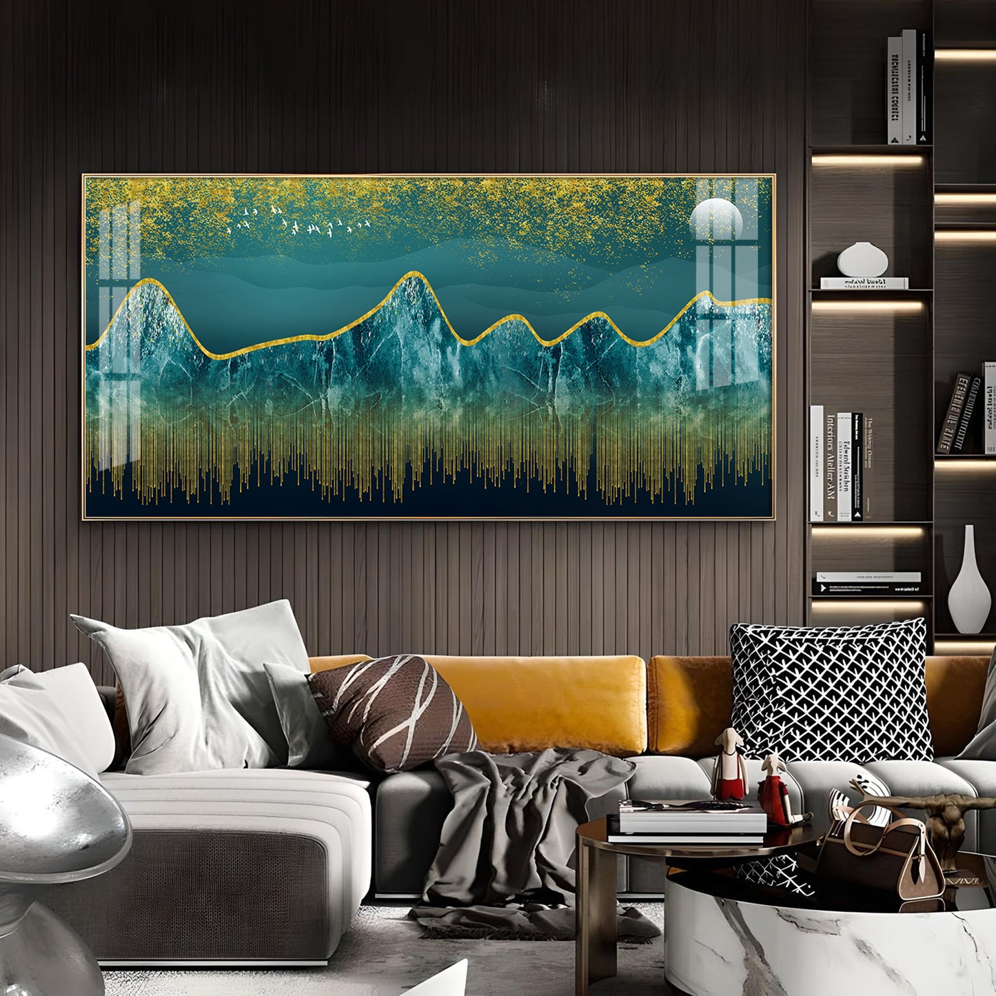 Dark Turquoise Mountains Glass Finish Horizontal Wall Art