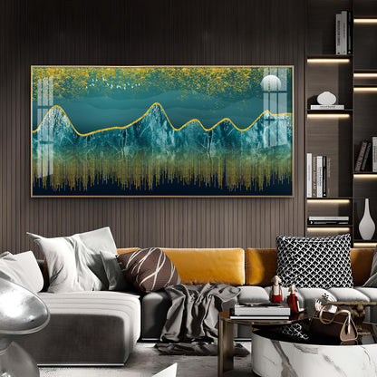 Dark Turquoise Mountains Glass Finish Horizontal Wall Art